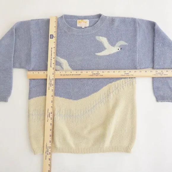 Vintage White Stag Blue Ivory Seagull Bird Scenic Crewneck Knit Sweater M - Picture 3 of 10